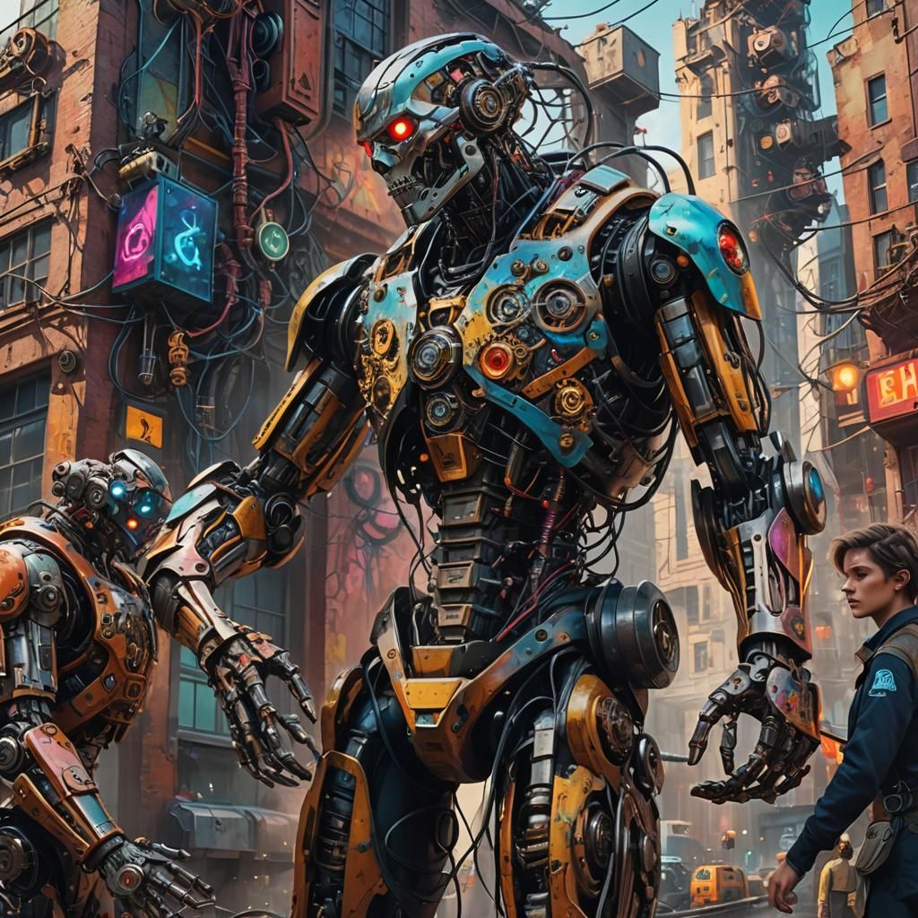 Machines and Cyborgs Merge: Surreal Oil Painting