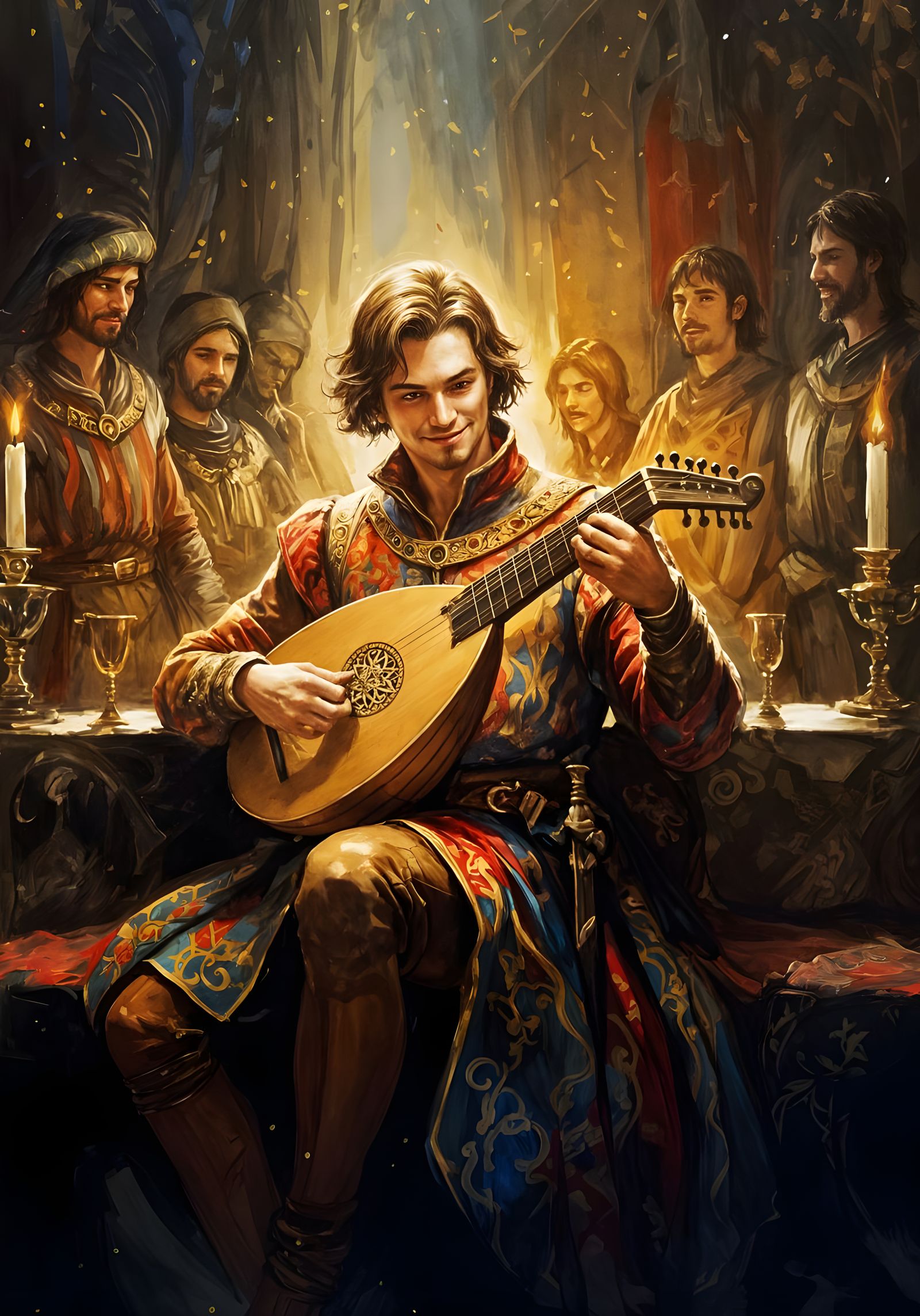 Gallant Medieval Troubadour Plays Lute in Noble Court