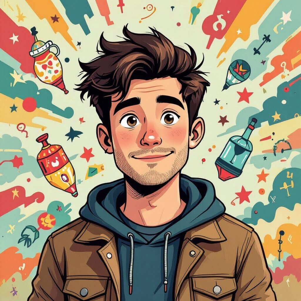 Cartoon-Style Illustration of a Focused Young Man