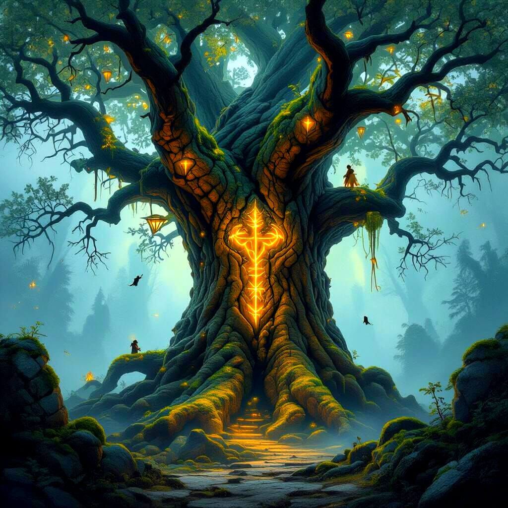 Ancient Rune Tree in Misty Forest