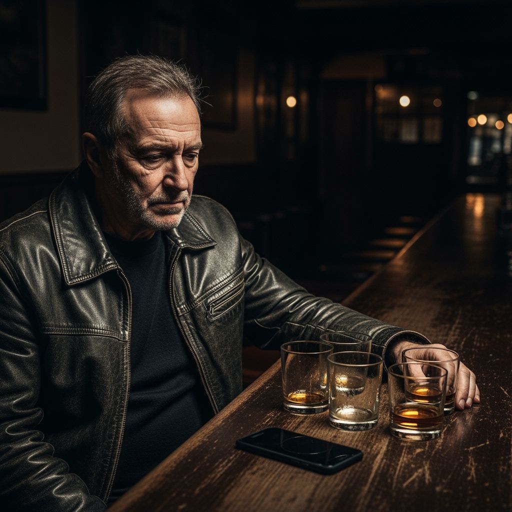 Sad Older Man at Bar with Whiskey, Photorealistic