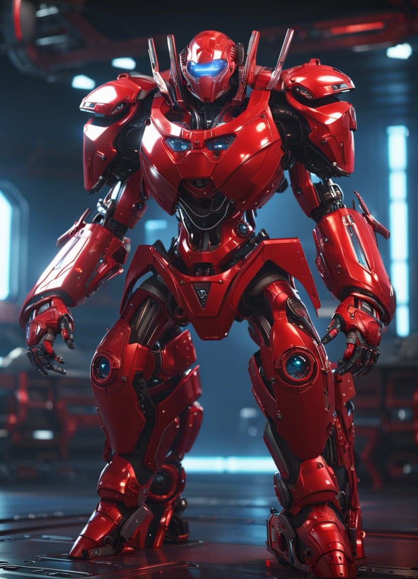 Brunette in Cybernetic Armor with Red Robot