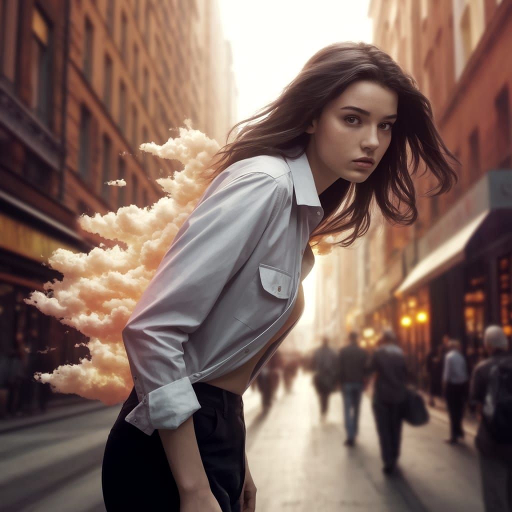 Elegant Woman Transforms into Swirling Clouds in Vibrant Cit...