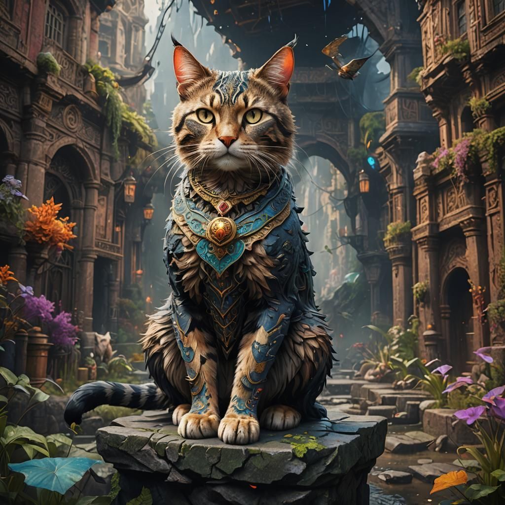 Fantastical Half-Cat, Half-Human Hybrid in Detailed Painting