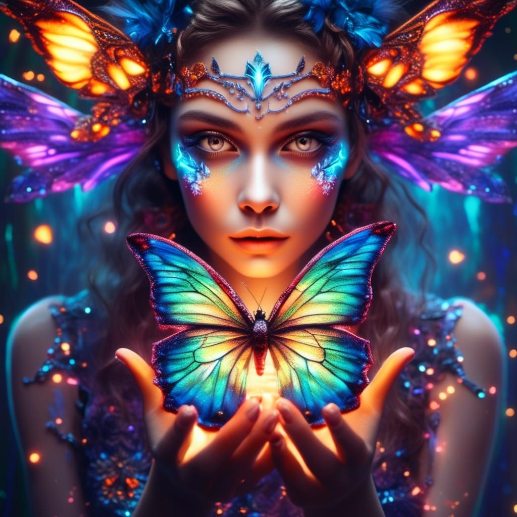 Enchanted Fae Portrait with Glowing Butterfly