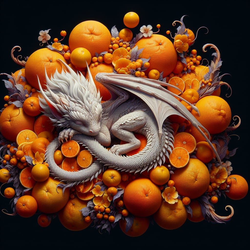 Baby Dragon Dreams on a Pile of Oranges
