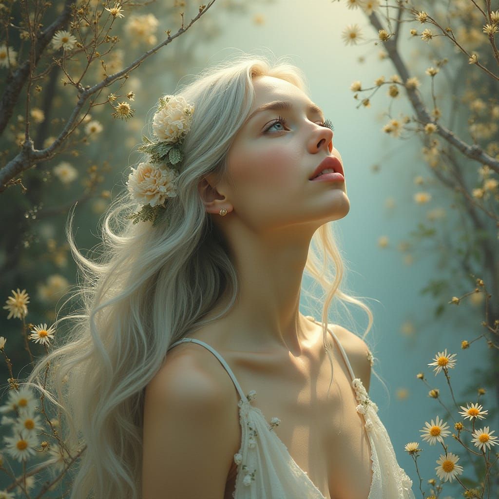 Floral Silver Hair Portrait in Surreal Style