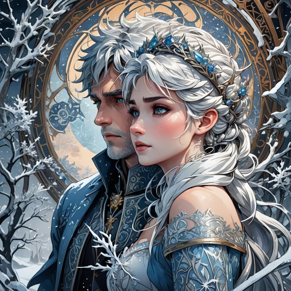 Jack Frost and Elsa in Art Nouveau Blizzard