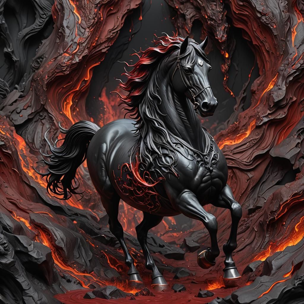 Hellish Black Horse Miniature with Fiery Mane
