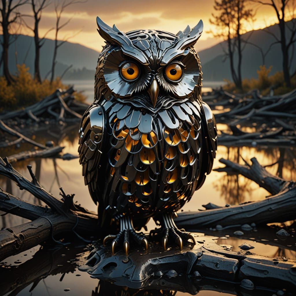 A surreal, dreamlike metal owl