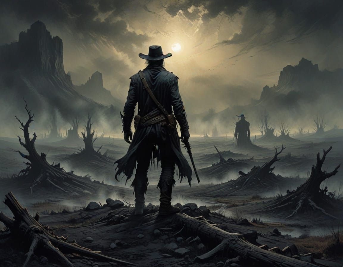 Eerie Gothic Western Landscape as Scratchboard Art