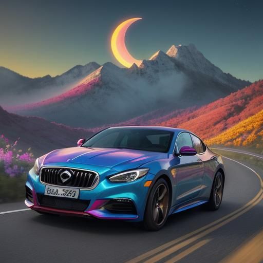 Rainbow Car on Mountain Road at Sunset