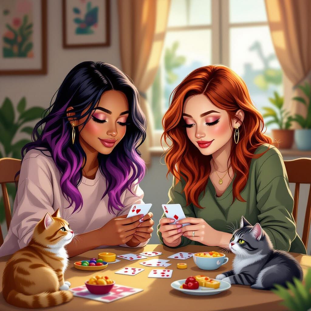 Two Women Playing Cards with Cats in Digital Art Style