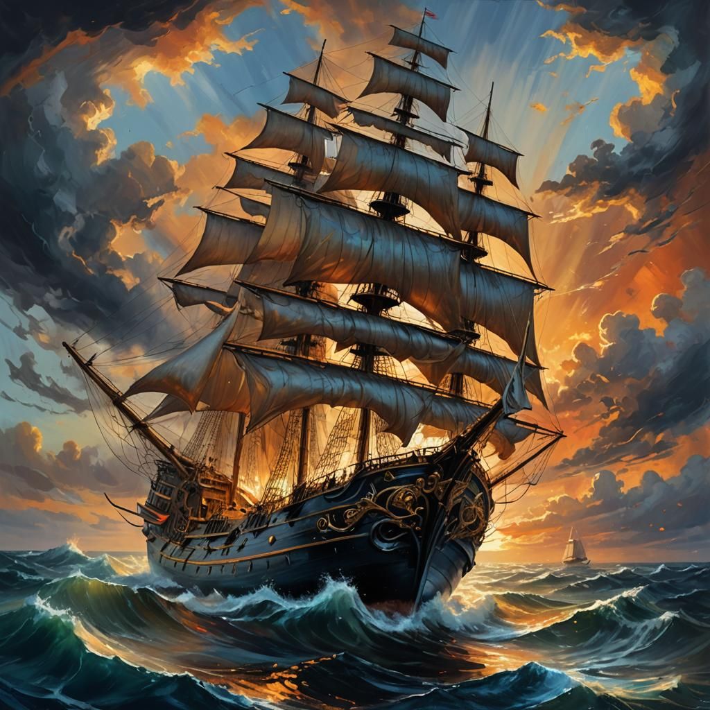 Black Pearl Ship Sails Through Stormy Sunset