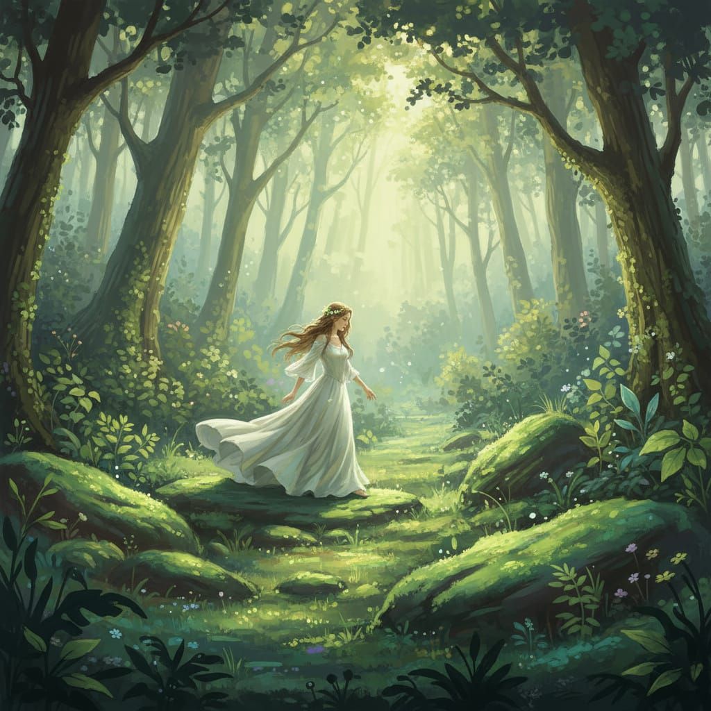 Ethereal Woman in Sunlit Forest Inspired by Loish