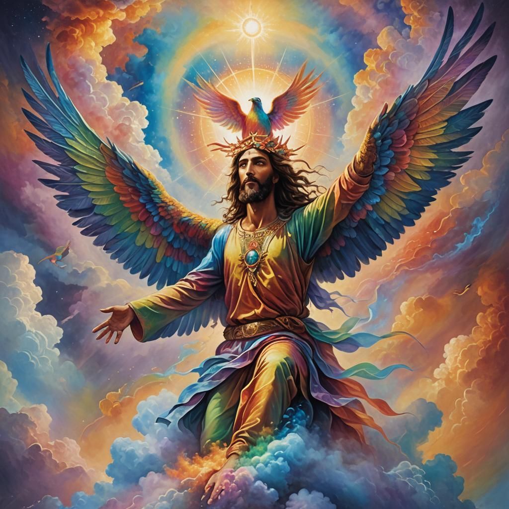 Rainbow Djinn Jesus on Bird in Iridescent Oil Painting