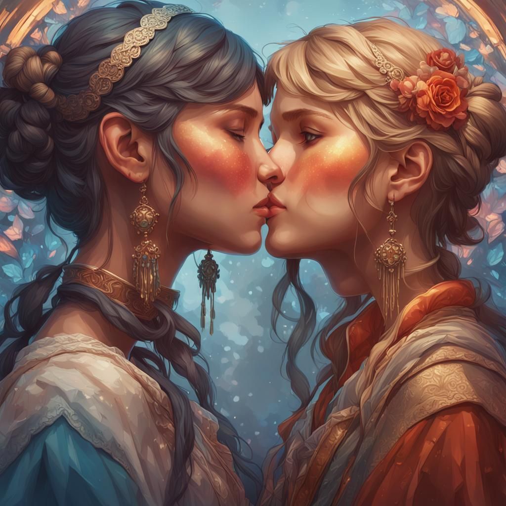 Two Girls Kissing: Hyperdetailed Artstation Portrait