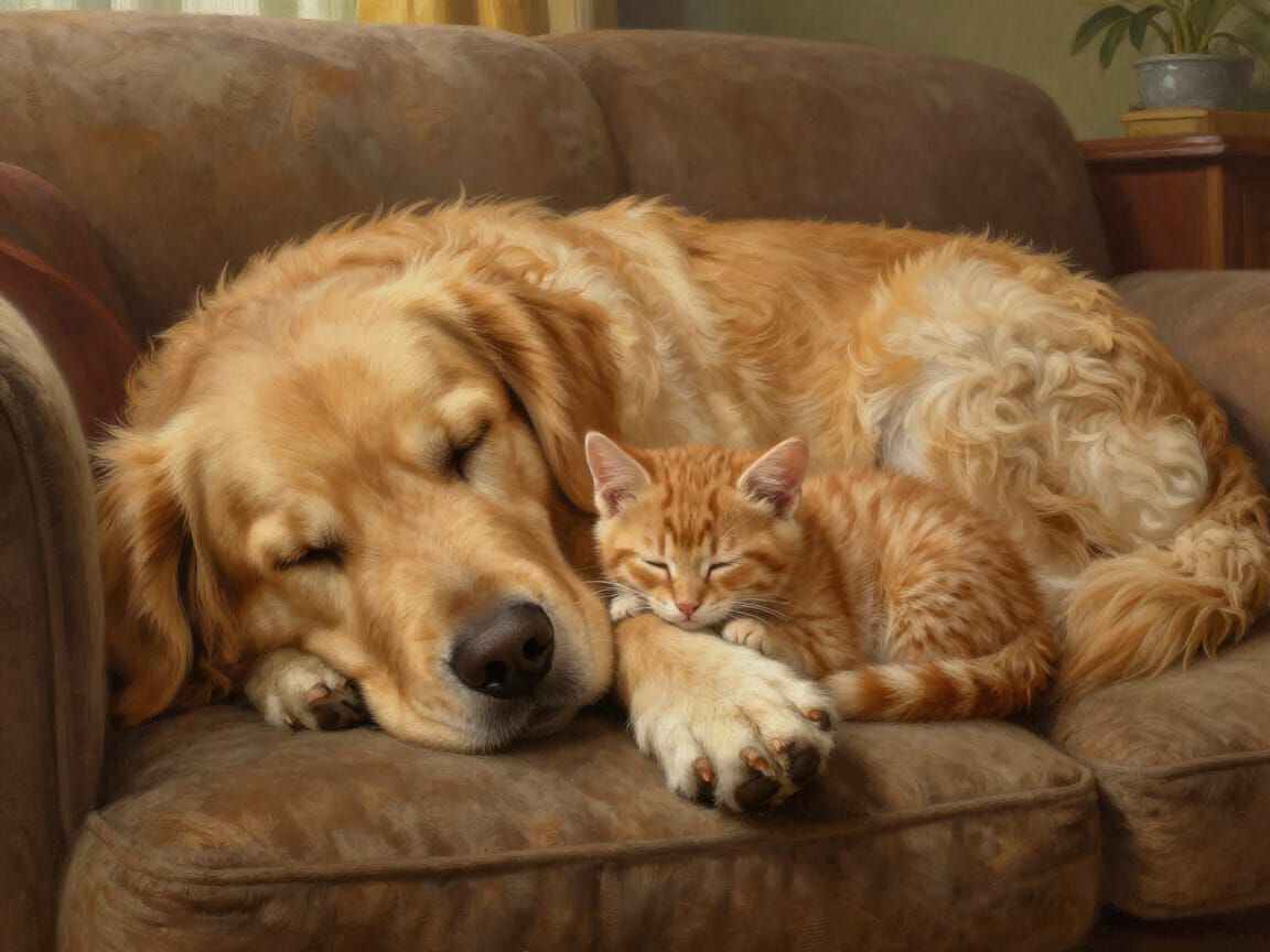 Dog and Kitten Cuddle on Couch in Warm Lighting