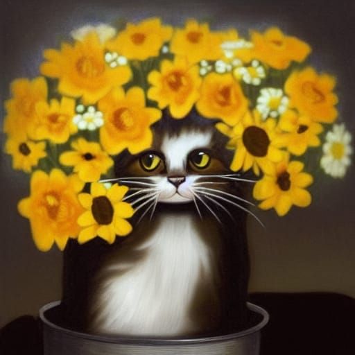 Camouflaged Cat Concealed Among Blooming Flowers