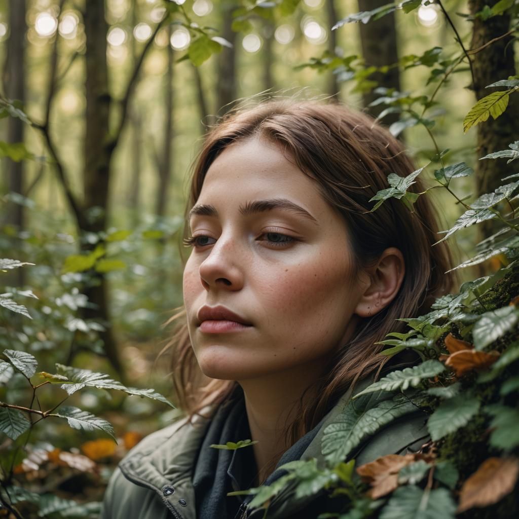 Serene Woman in Forest: Photorealistic Telephoto Portrait
