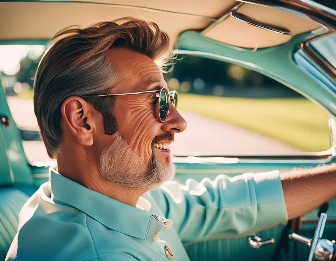Smiling Driver in Vintage Car, Retro 80s Style