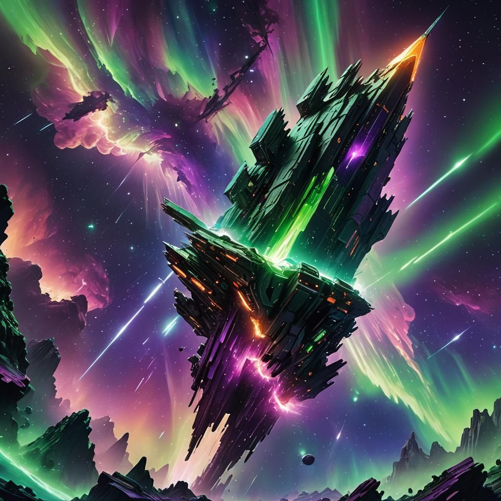 Spaceship Fragment in Nebula with Neon Aurora