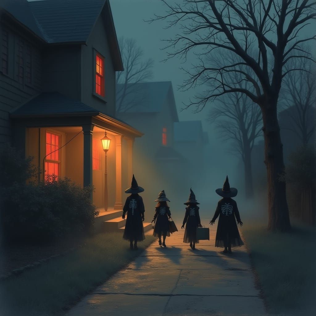 Ethereal Trick-or-Treaters Approach Glowing Porch Light