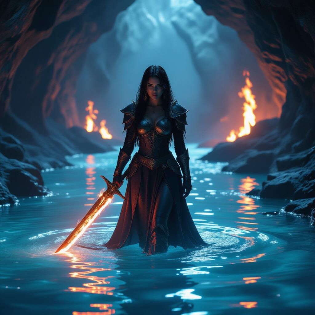 Woman in Fiery Cavern River with Flaming Sword