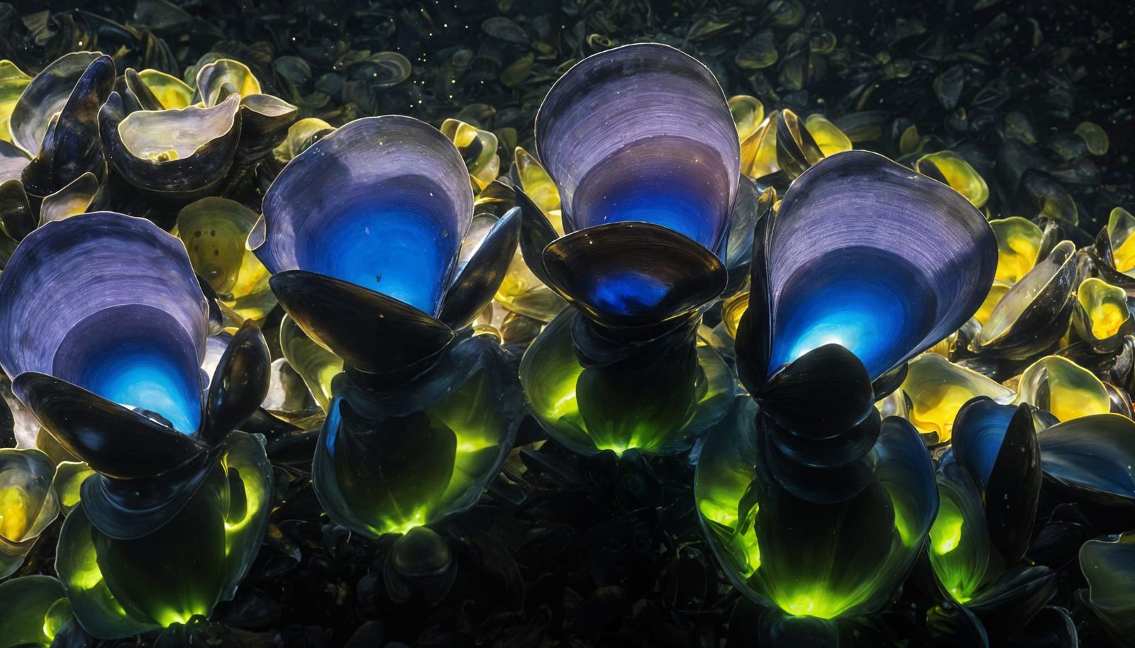Bioluminescent Extraterrestrial Garden with Mussels