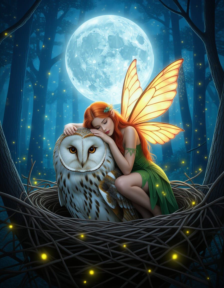Redhead Fairy Snuggling Owl in Moonlit Forest