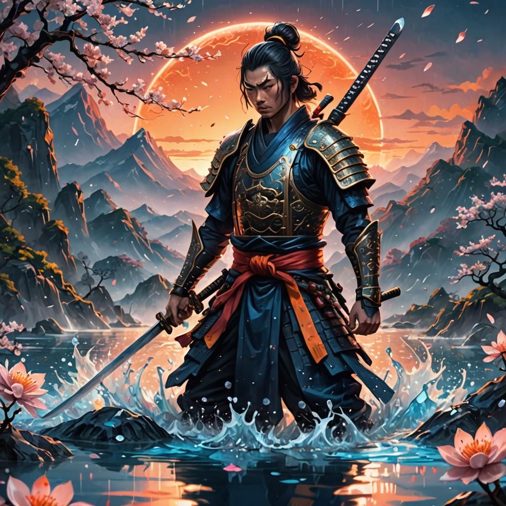 Close-up image of a katana, vertically stuck into the water against the backdrop of a burning sunset, silhouette of a sa...