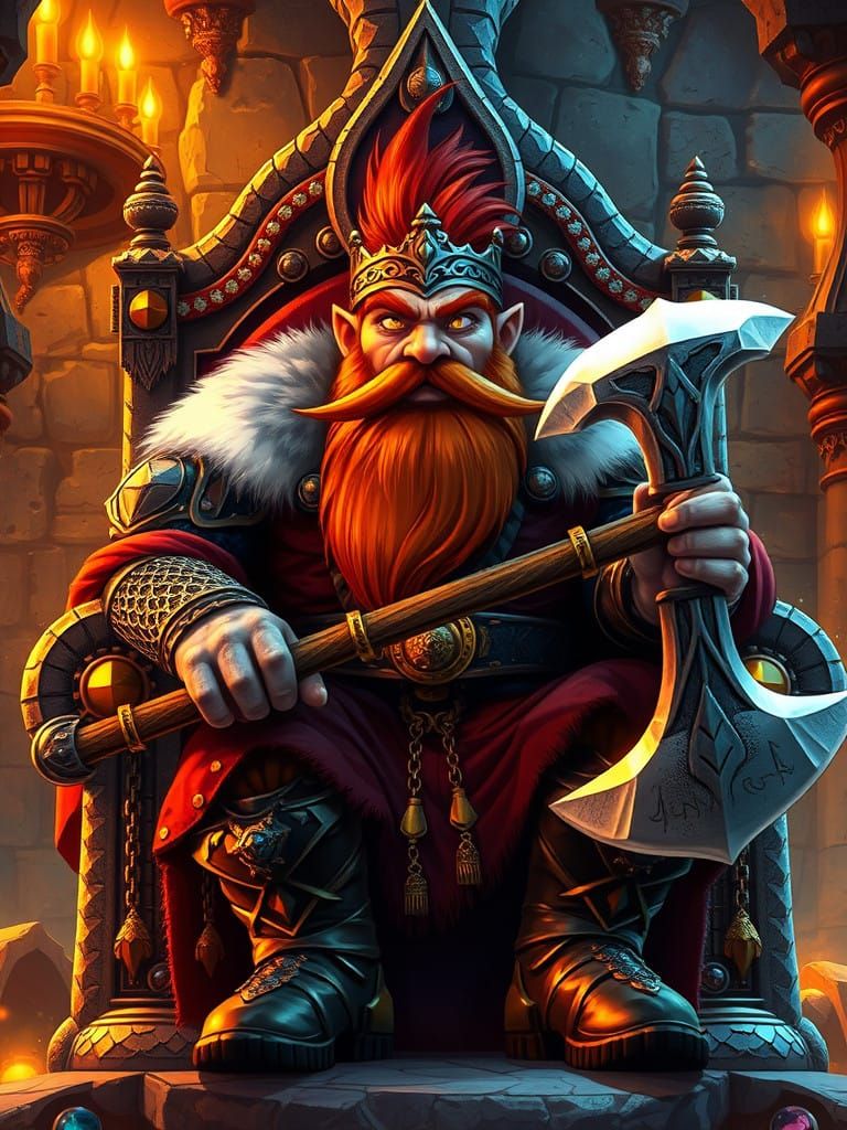 Majestic Dwarf King on Throne, Adorned in Chain Mail and Gol...