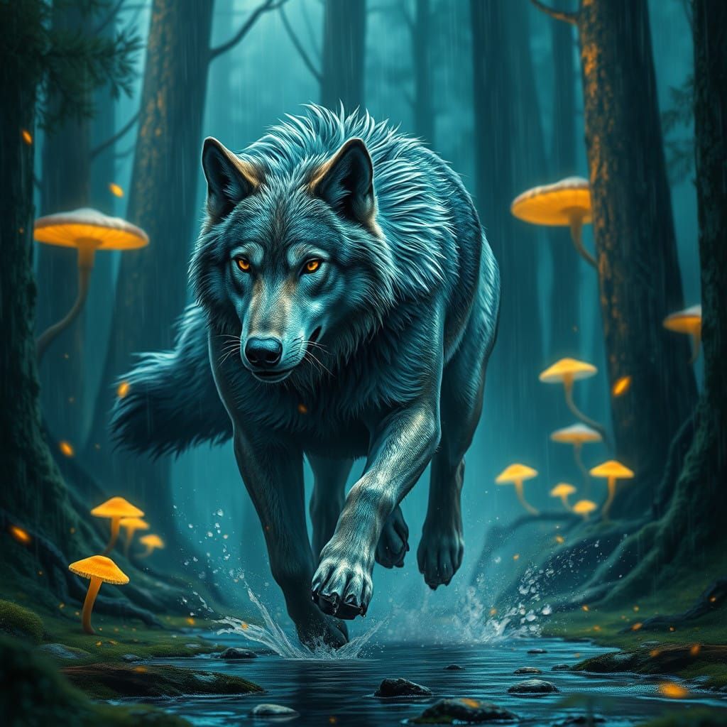 Majestic Wolf Runs Freely in Mystical Forest Landscape