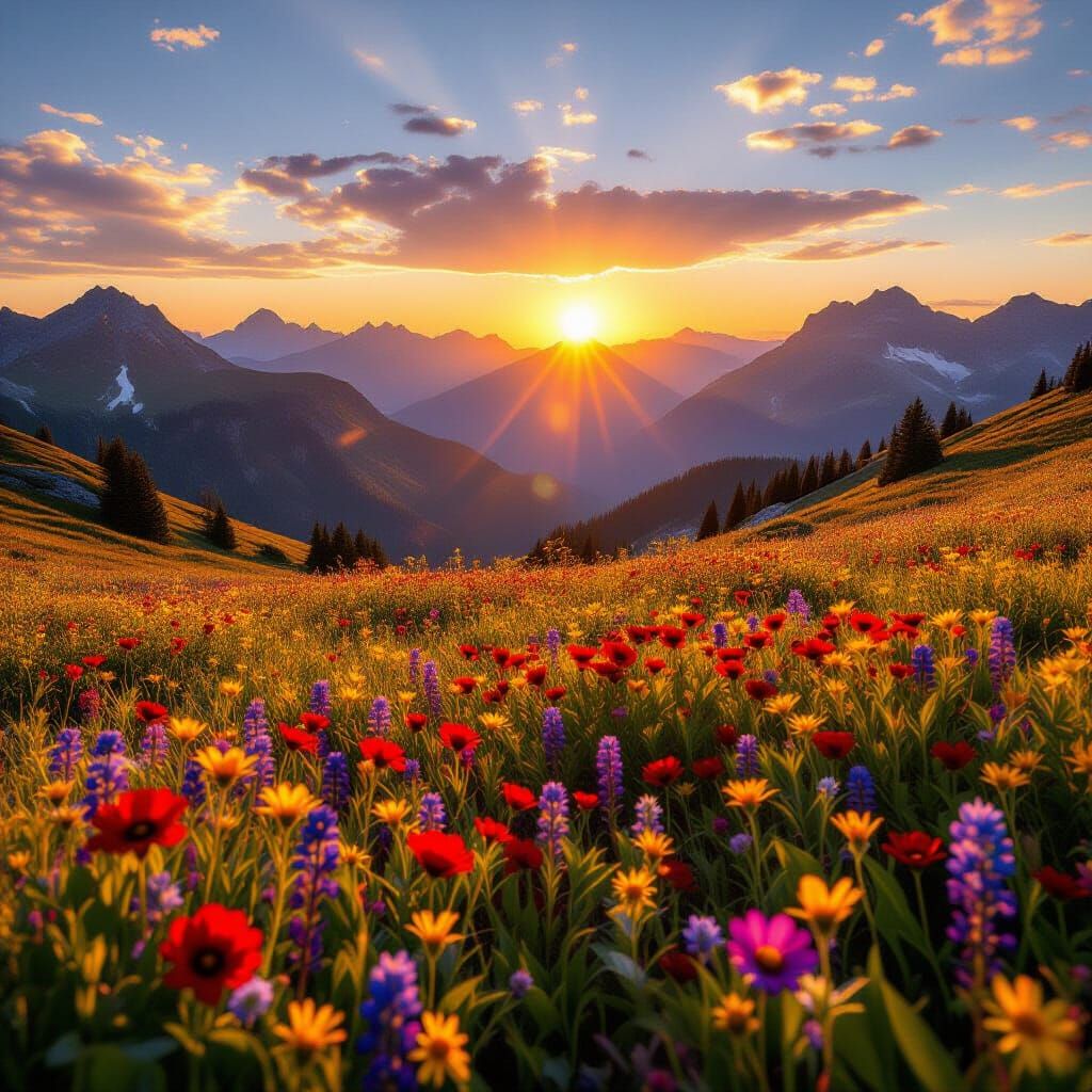 Realistic Mountain Sunset with Wildflower Meadow