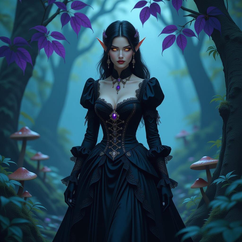 Ebony Elf in Moonlit Forest, Biomechanical Style