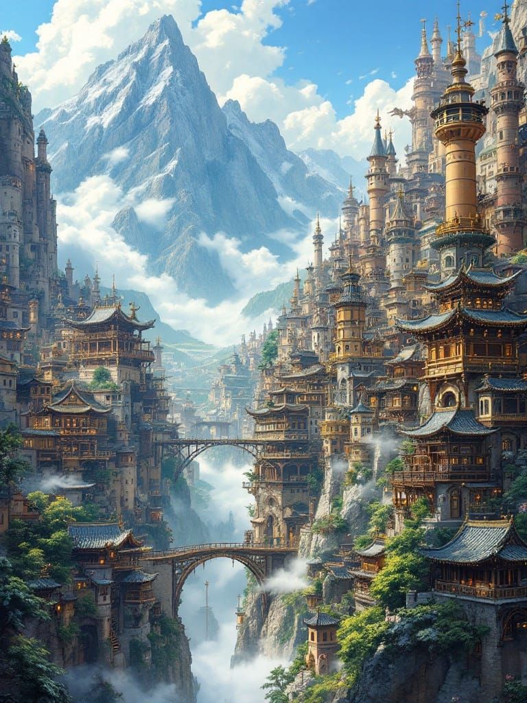 Medieval Steampunk Metropolis Carved into the Mountain