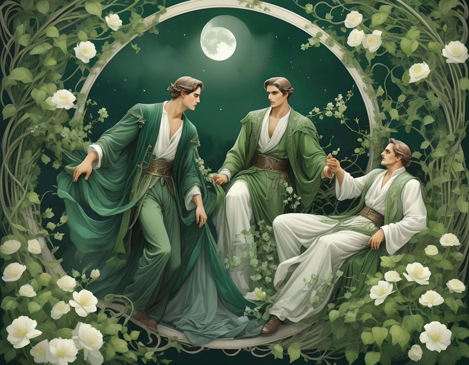 Art Nouveau Poster with Flowing Fabric and Vines