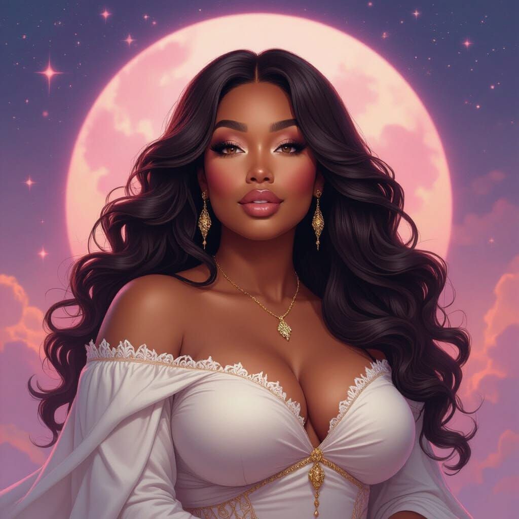 Plus-Size Virgo Goddess with Flowing Hair in Celestial Hues