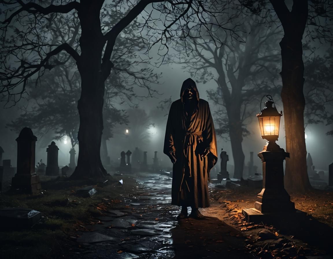 Mysterious Death with Lantern in Cemetery at Night