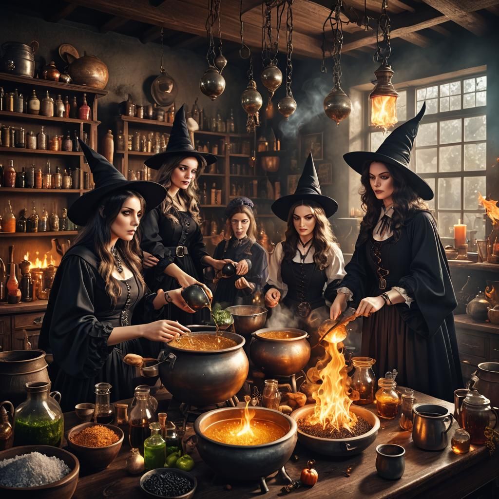 Witches Brewing Potions in a Magical Classroom