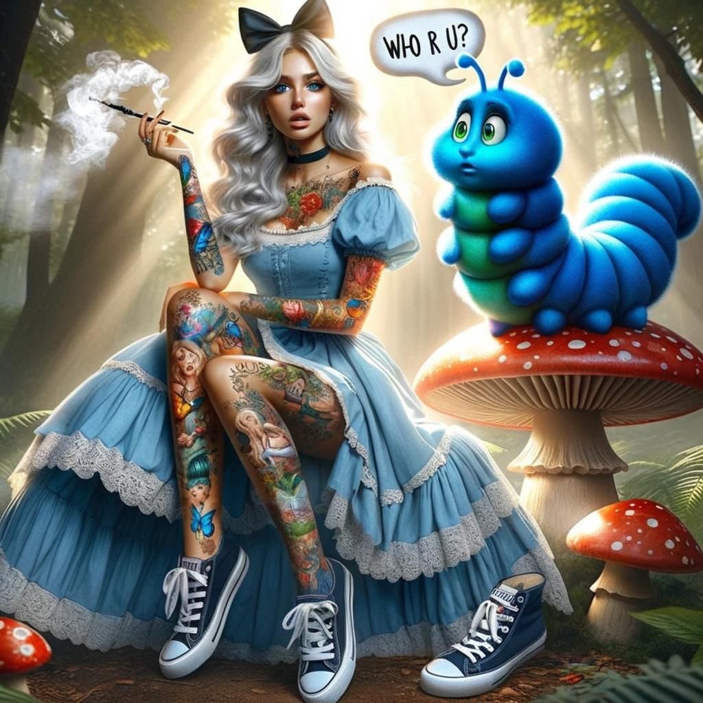 Alice in Wonderland Contemporary Scene with Blue Caterpillar