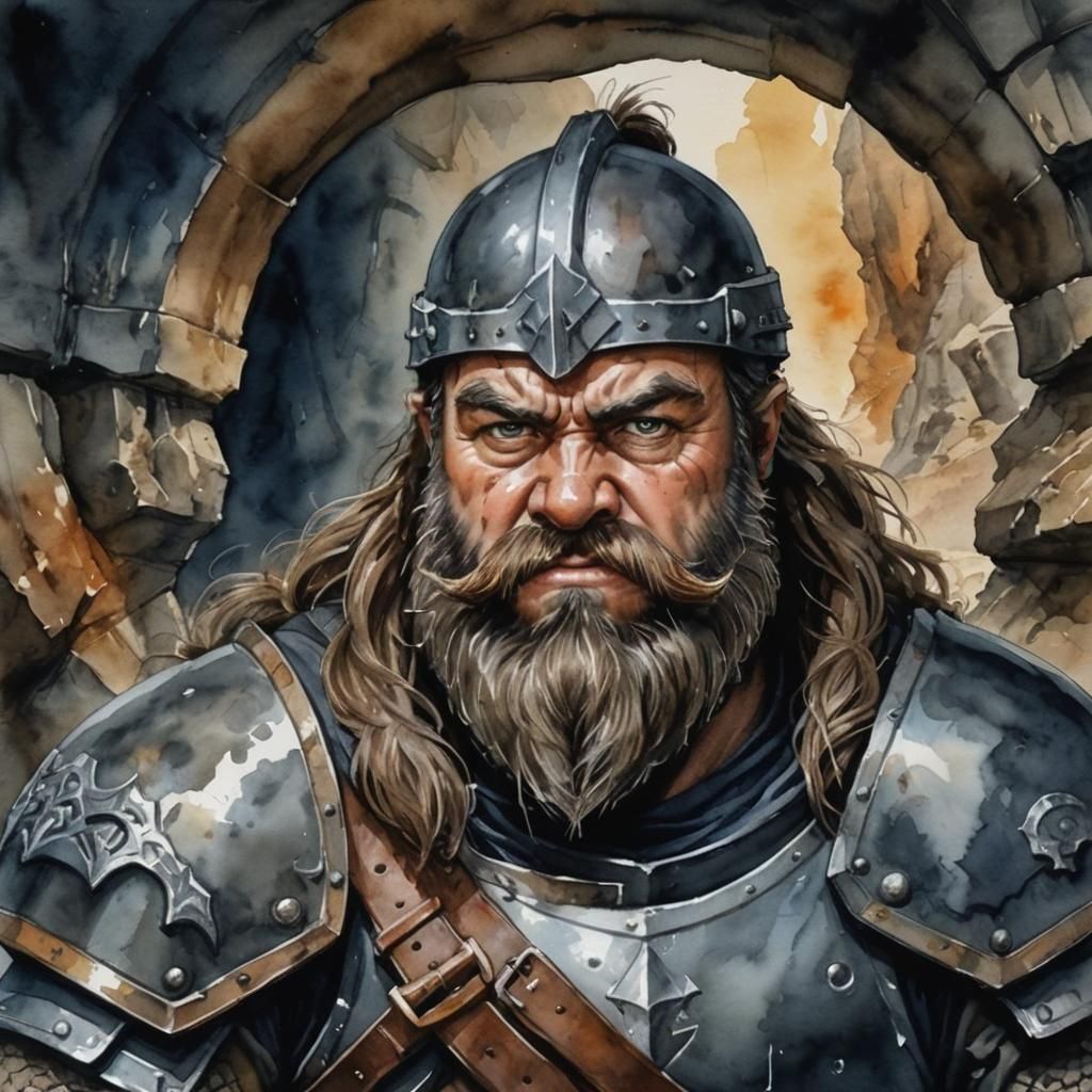 Dwarf Fighter in Dark Armor: Watercolor Portrait
