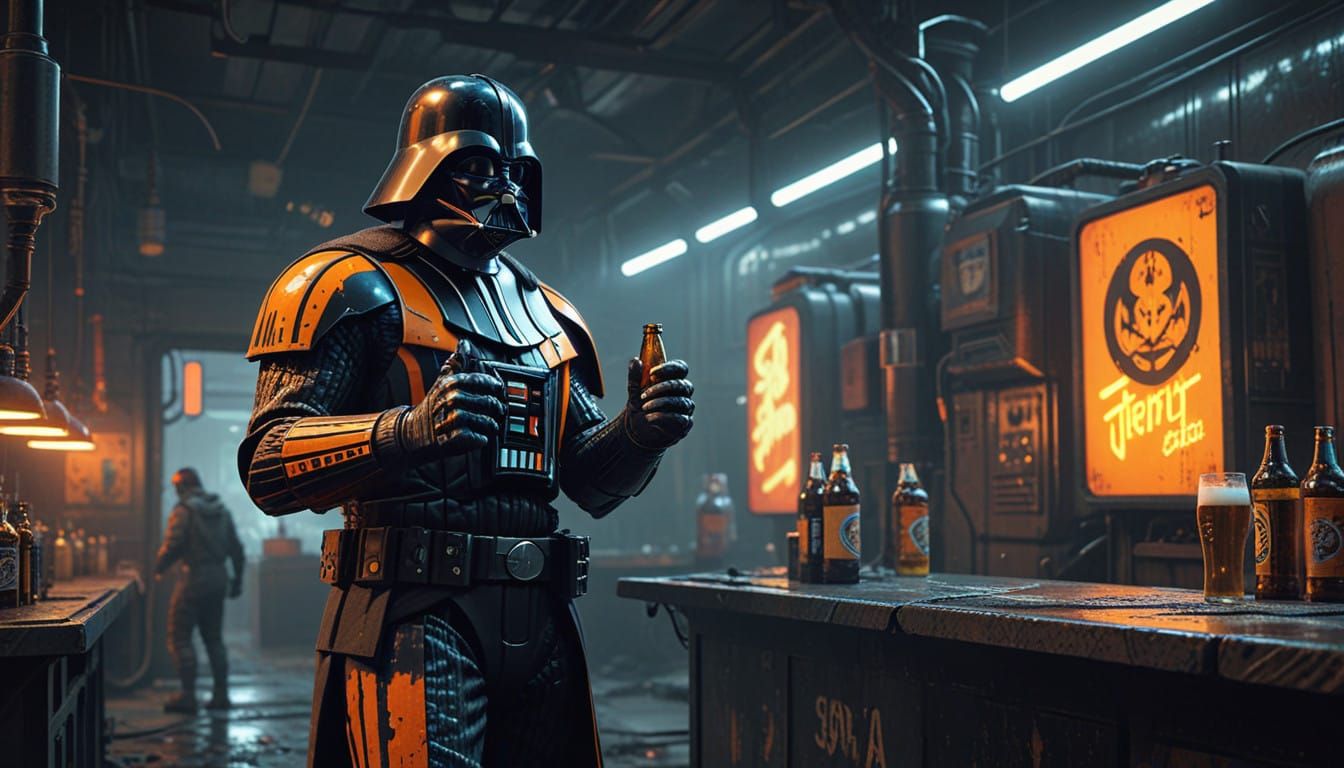 Darth Vader Embracing a Neon Futuristic Nightlife