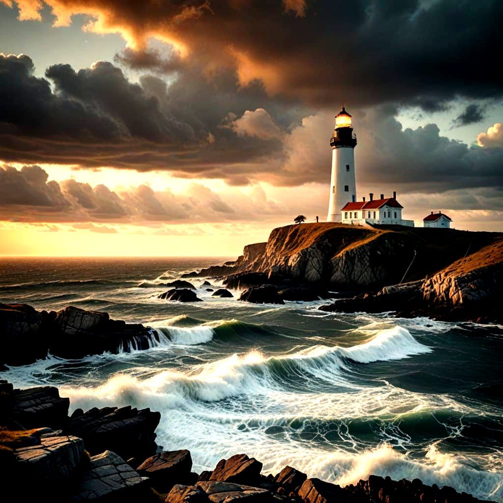 Majestic Lighthouse Stands Amidst Oceanic Landscape in Drama...