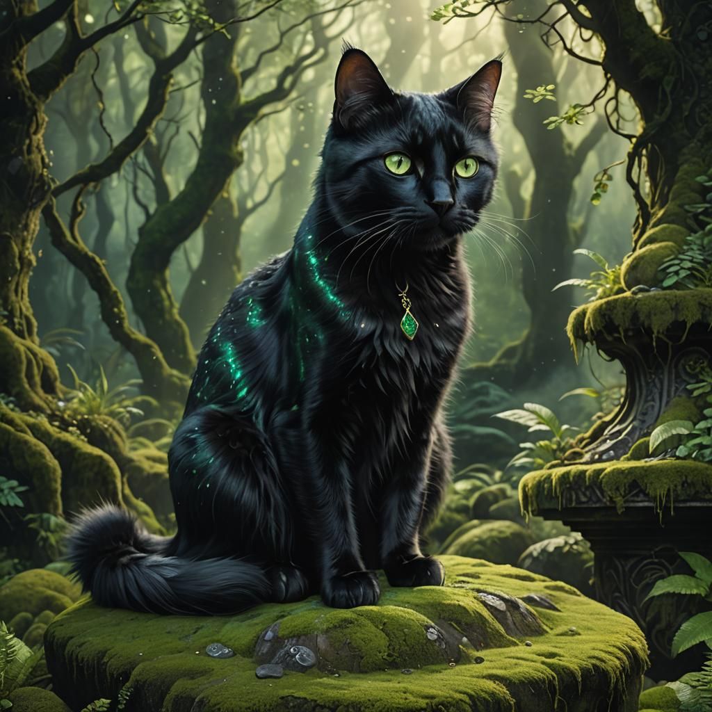 Black Cat with Glowing Eyes in Mystical Forest
