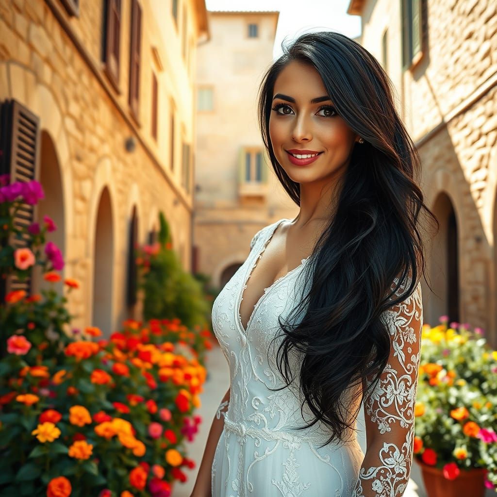 Romantic Italian Courtyard Scene in Whimsical Style