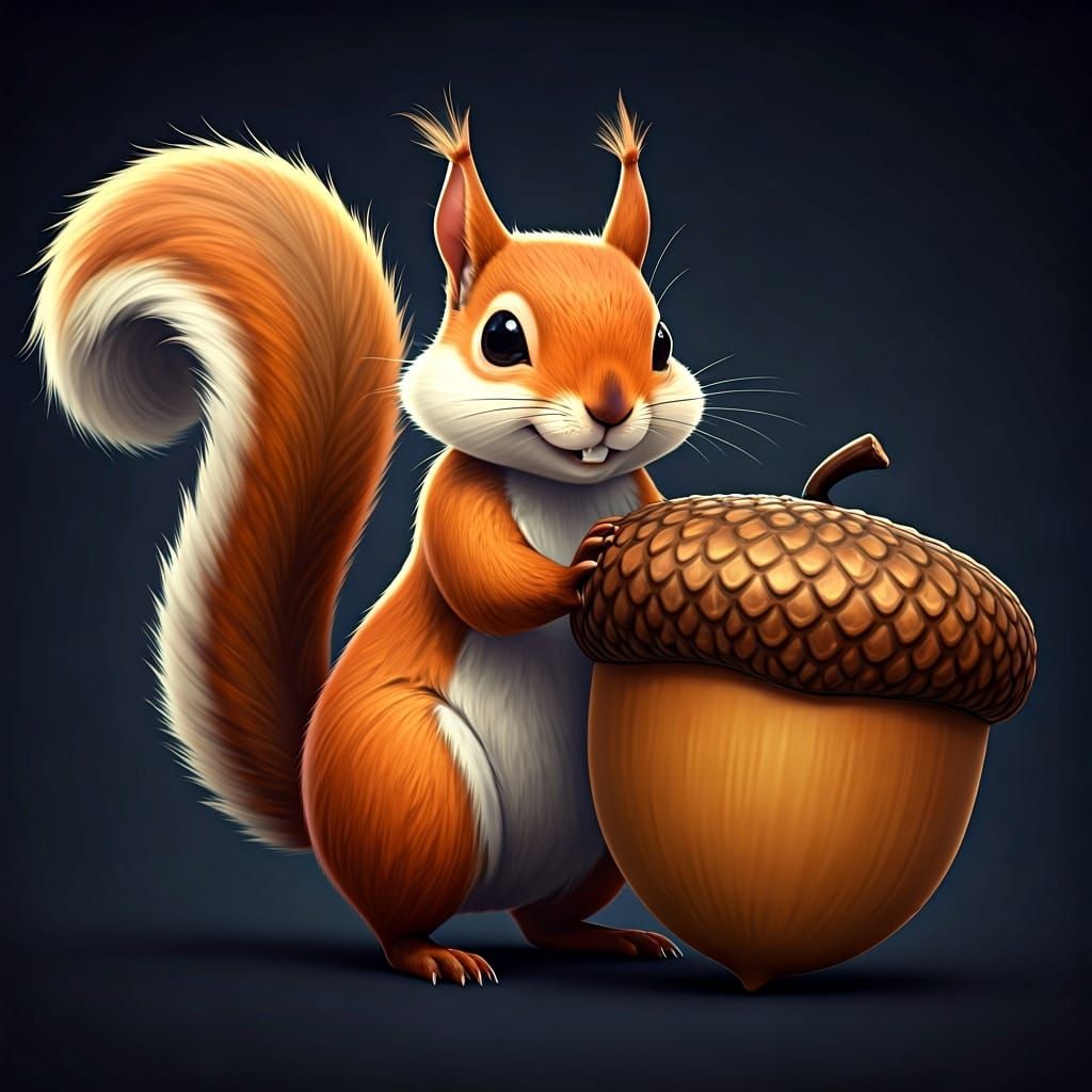 Cartoon Squirrel Pushing Giant Acorn in Anime Style