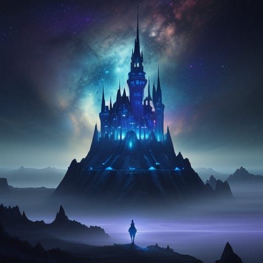 Fantastical Castle on Floating Island in Starlit Sky