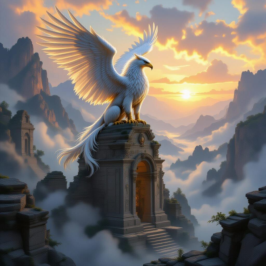 Majestic Griffin on Ruin at Dawn in Epic Fantasy Art