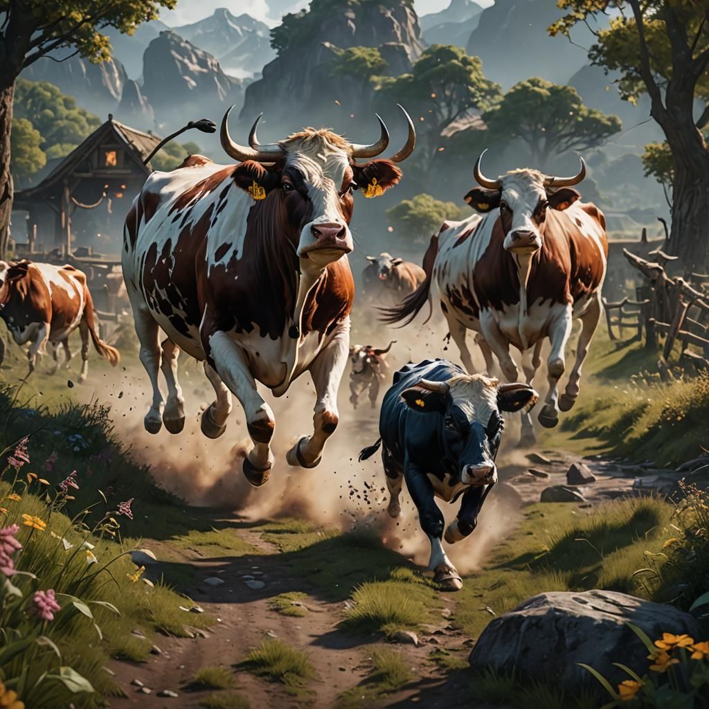 Cows Running: Detailed Matte Painting